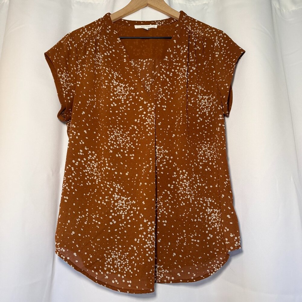 Fun 2 Fun Lillian V-Neck Blouse Womens L Brown Polka Dot Flowy Career Casual EUC